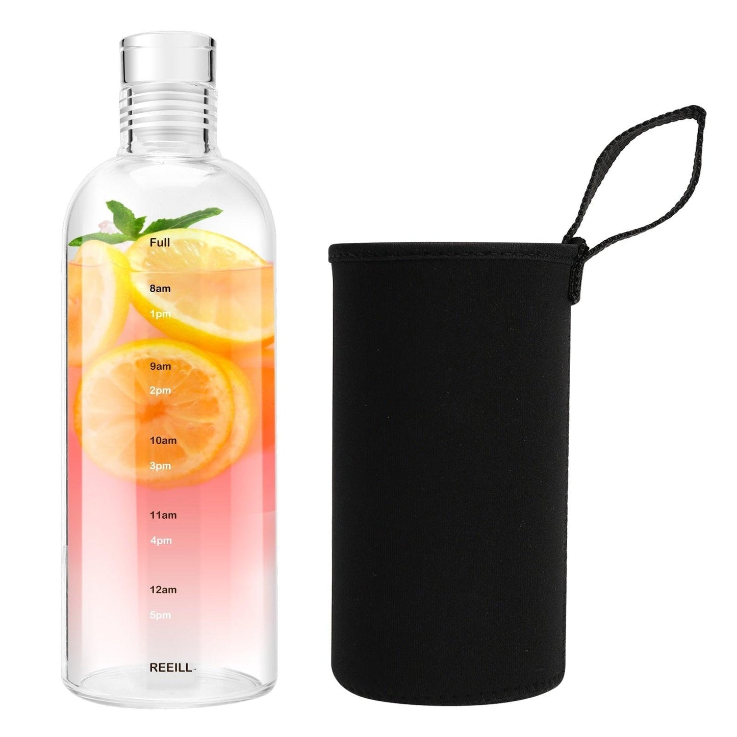 750ml Glass Water Bottle with Time Marker Leakproof Reusable