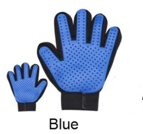 Blue reusable pet grooming gloves shown in two sizes