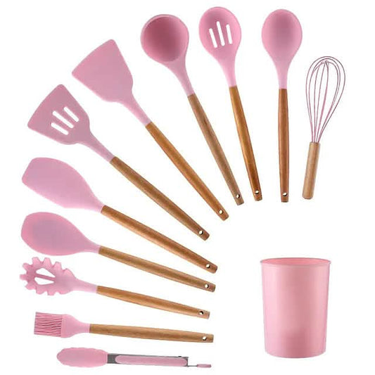12-Piece Wood Handle Silicone Kitchenware Set – detail view