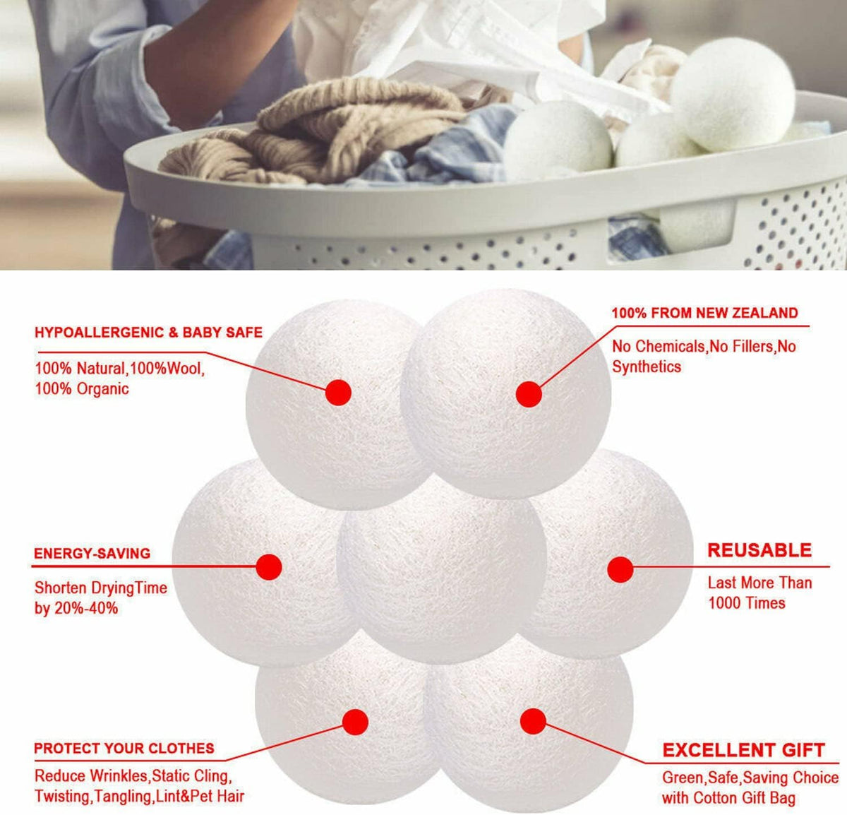 Eco-Friendly Wool Dryer Balls 6 Pack - Reusable Natural Laundry Balls