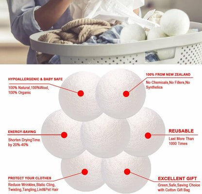 Eco-Friendly Wool Dryer Balls 6 Pack - Reusable Natural Laundry Balls