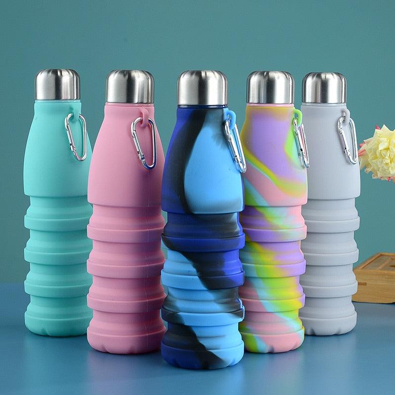 550ml collapsible silicone water bottle, folded and open