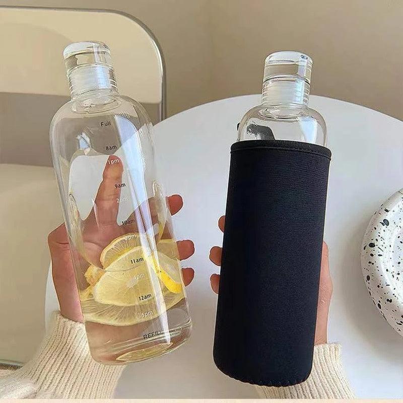 750ml Glass Water Bottle with Time Marker Leakproof Reusable