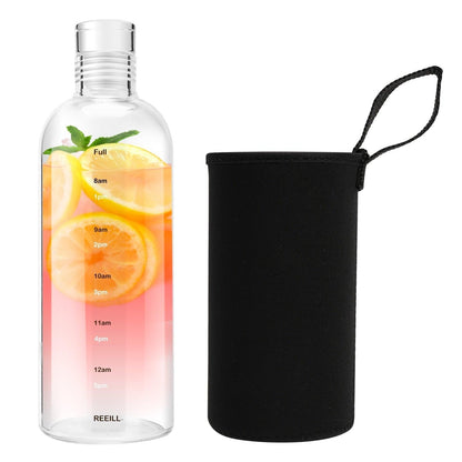 750ml Glass Water Bottle with Time Marker Leakproof Reusable