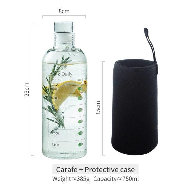 750ml Glass Water Bottle with Time Marker Leakproof Reusable