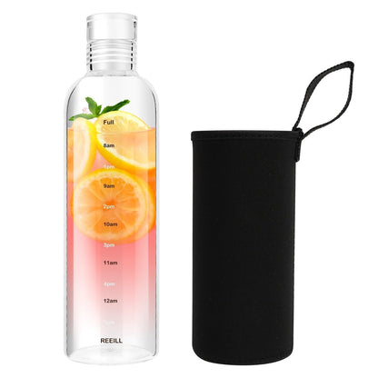 750ml Glass Water Bottle with Time Marker Leakproof Reusable