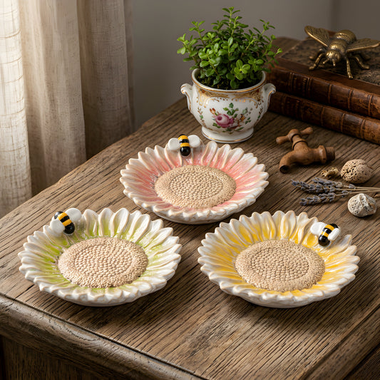 Flower & Bee Pillar Candle Plates - Set of 3