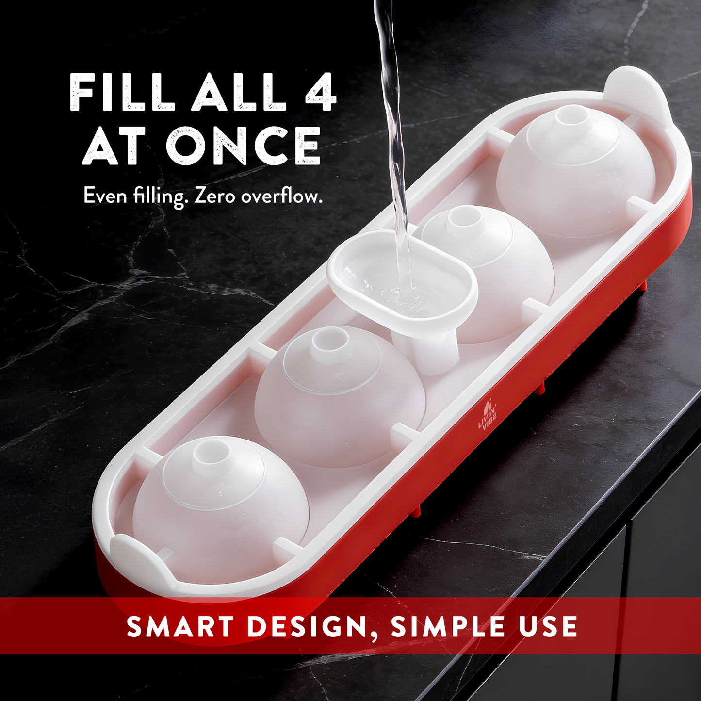 LIVINVIBE Silicone Ice Ball Mold with Lid – 4 Large Whiskey Ice Spheres, One-Pour Funnel Design, BPA-Free Flexible Ice Tray for Cocktails, Coffee & Drinks