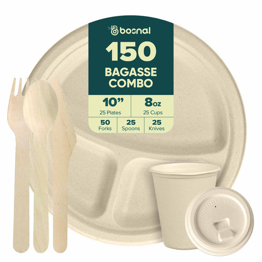 Sugarcane Bagasse Compostable Plates Cups Cutlery Set Eco Friendly