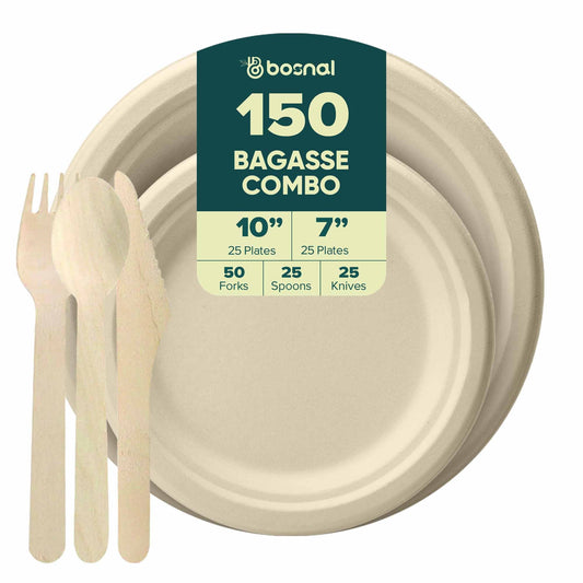 Sugarcane Bagasse Compostable Plates 10 and 7 Inch with Cutlery