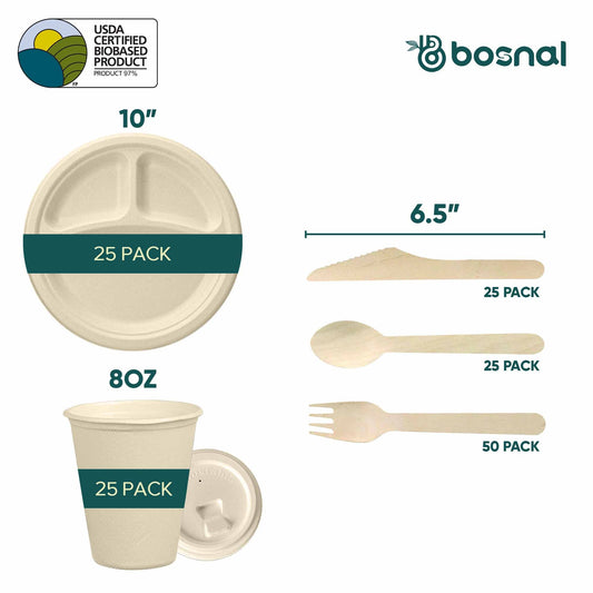 Sugarcane Bagasse Compostable Plates Cups Cutlery Set Eco Friendly