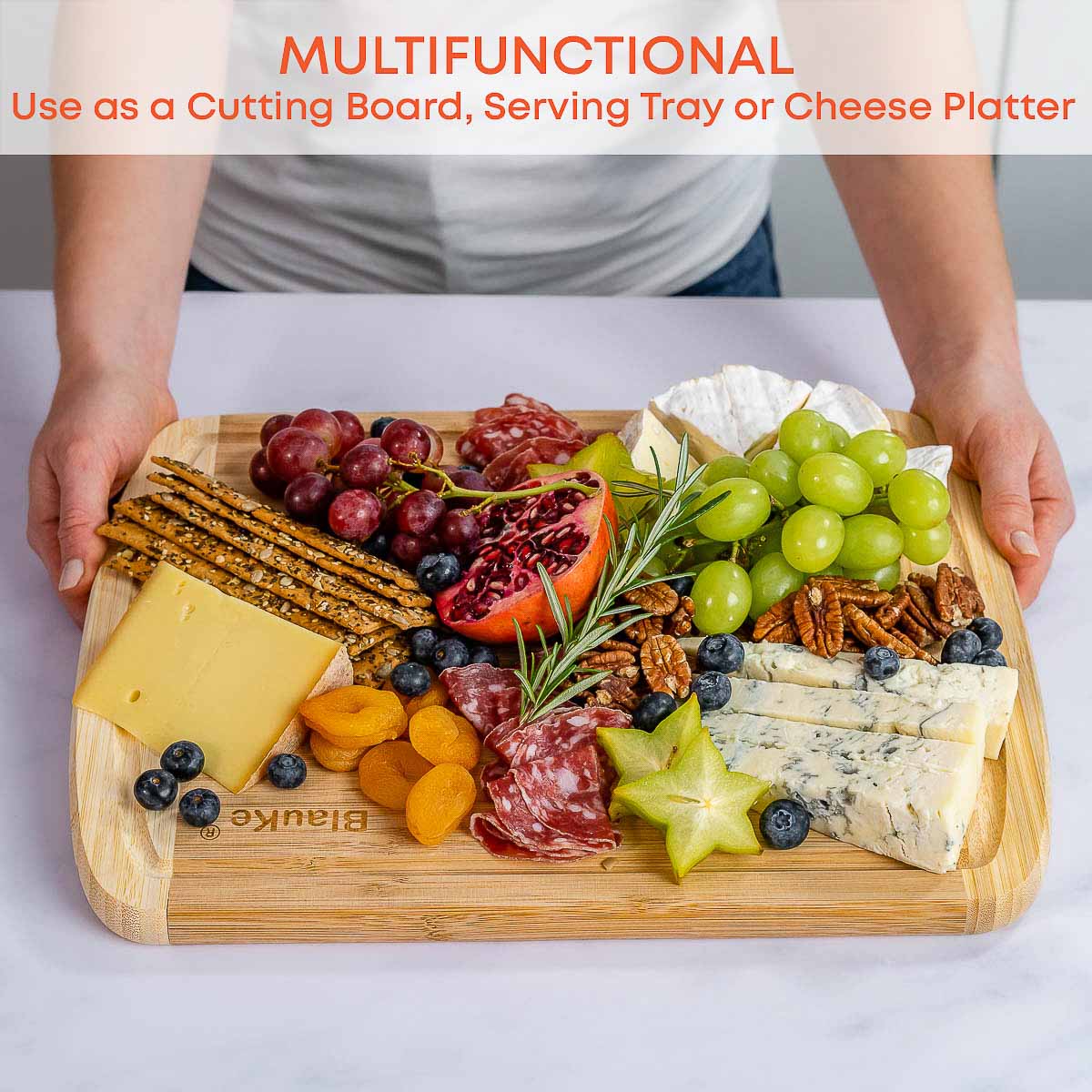 Large Bamboo Cutting Board 14x11 with Juice Groove Serving Tray