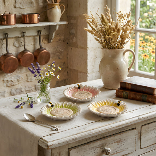 Flower & Bee Pillar Candle Plates - Set of 3 – detail view