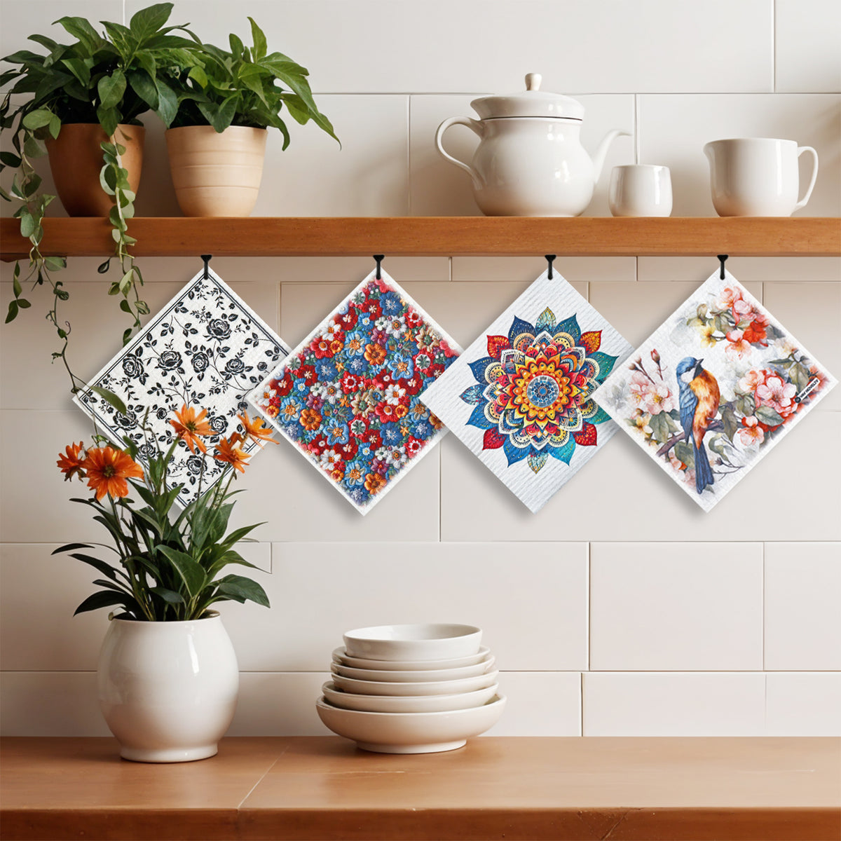 Reusable Swedish dishcloths displayed in an eco-friendly kitchen