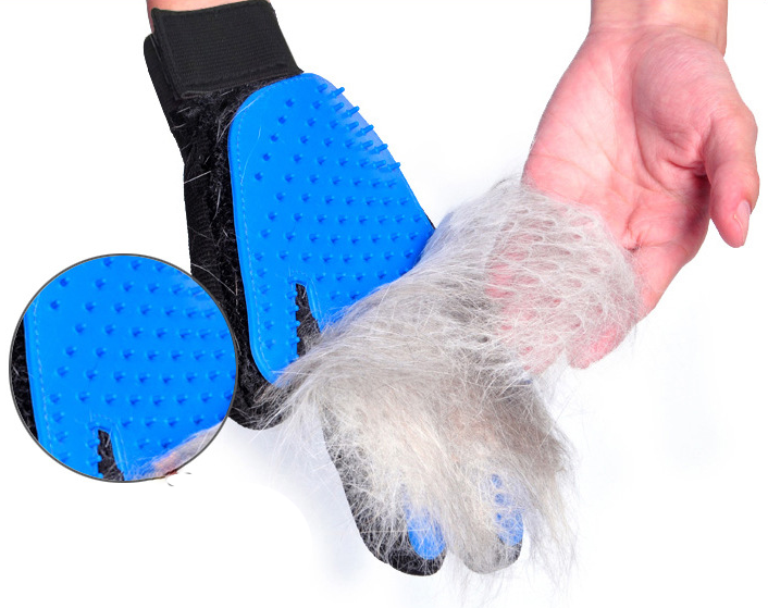 Reusable blue pet hair remover glove collecting loose fur