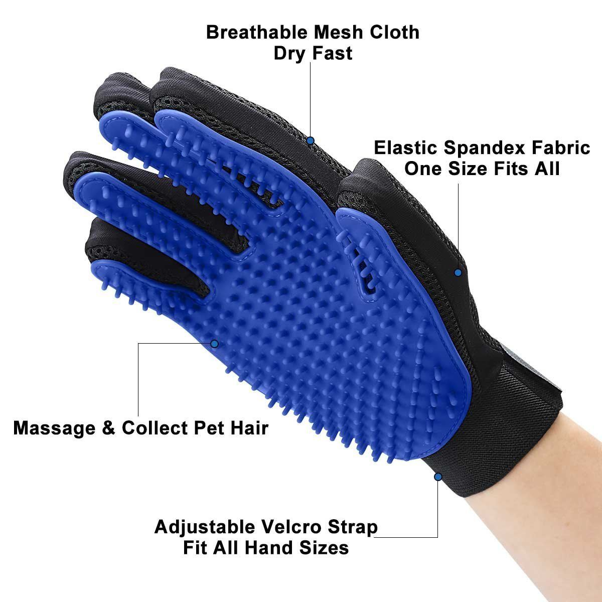 Blue grooming glove with textured surface and adjustable wrist strap