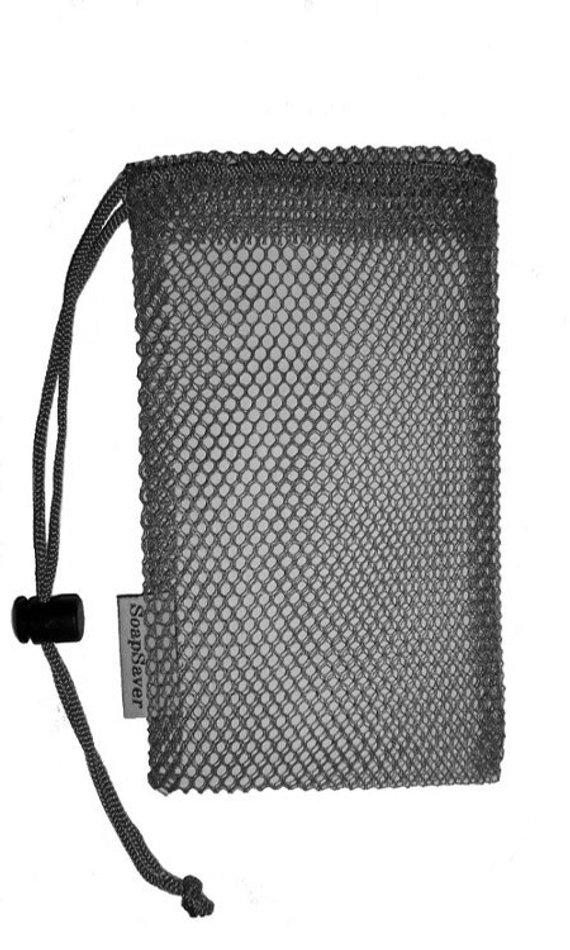 Reusable black mesh soap saver bag with drawstring for zero waste soap storage