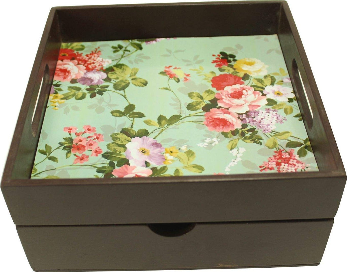 Floral Wooden Serving Tray with Drawer