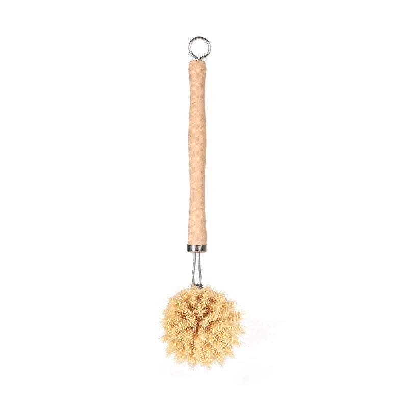 Vertical view of a natural bamboo cleaning brush with sisal bristles.