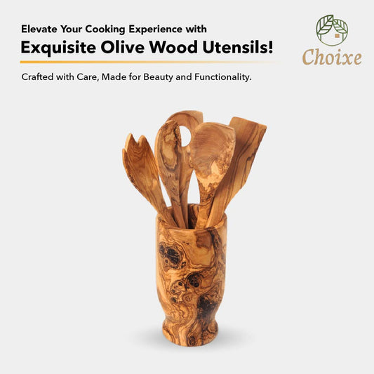 Olive Wood Kitchen Utensil Set 6-Piece Hand-Carved Servers With Holder