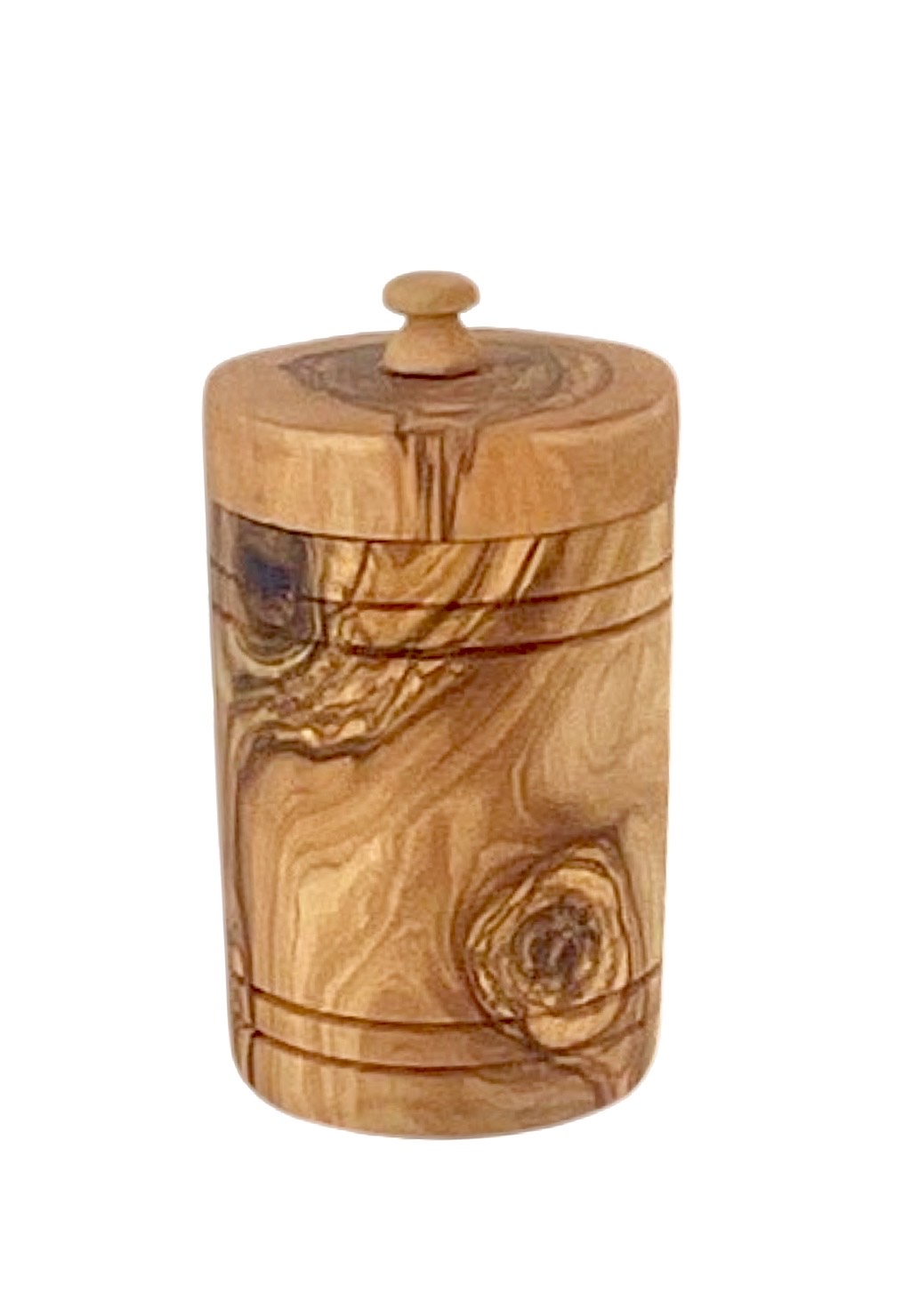 Hand-carved olive wood salt keeper jar with lid