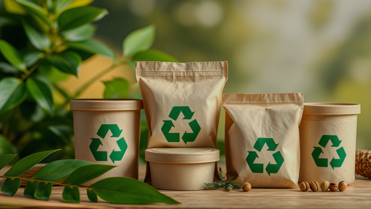Recyclable packaging with green recycling symbols on a wooden surface with green leaves in the background